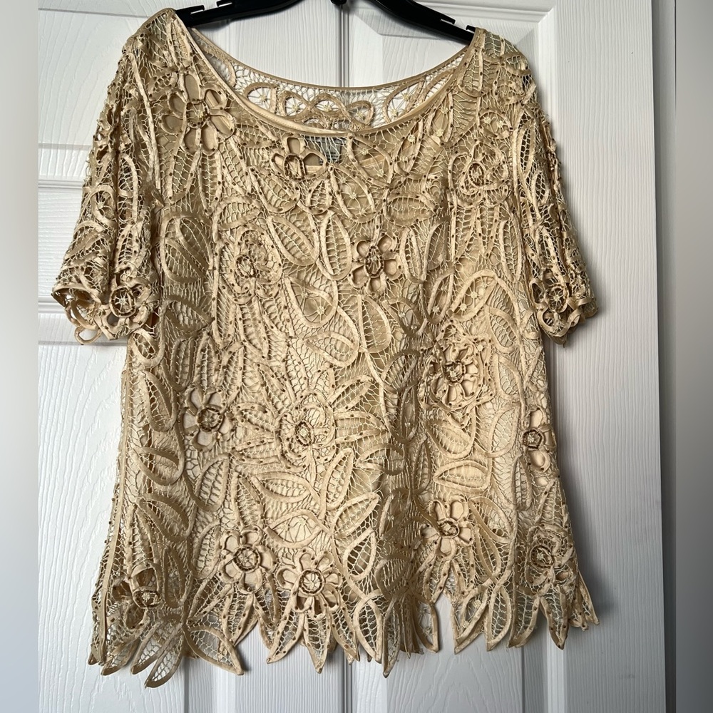 Gold silk handcrafted beaded top. Size Large.